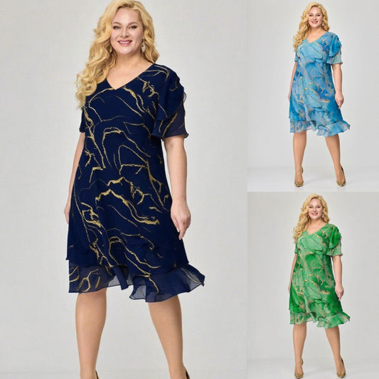👗【Časově omezená sleva】💥【S-5XL】Nové zlaté hedvábné šaty s mramorovou glazurou
