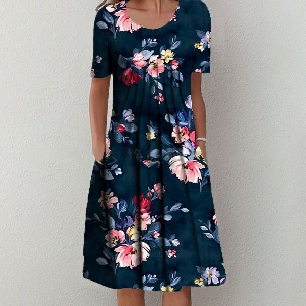 🌈👗【Kupte 1 a získejte 1 zdarma🔥】【S-5XL】🌹2025 nové velké dámské šaty s kulatým výstřihem a krátkým rukávem s potiskem, pohodlné a prodyšné