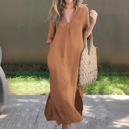 🌿💃【Sleva 50 % 🔥】【S–3XL】Dlouhé lněné šaty s výstřihem do V a rozparky, pohodlné a lehké na léto