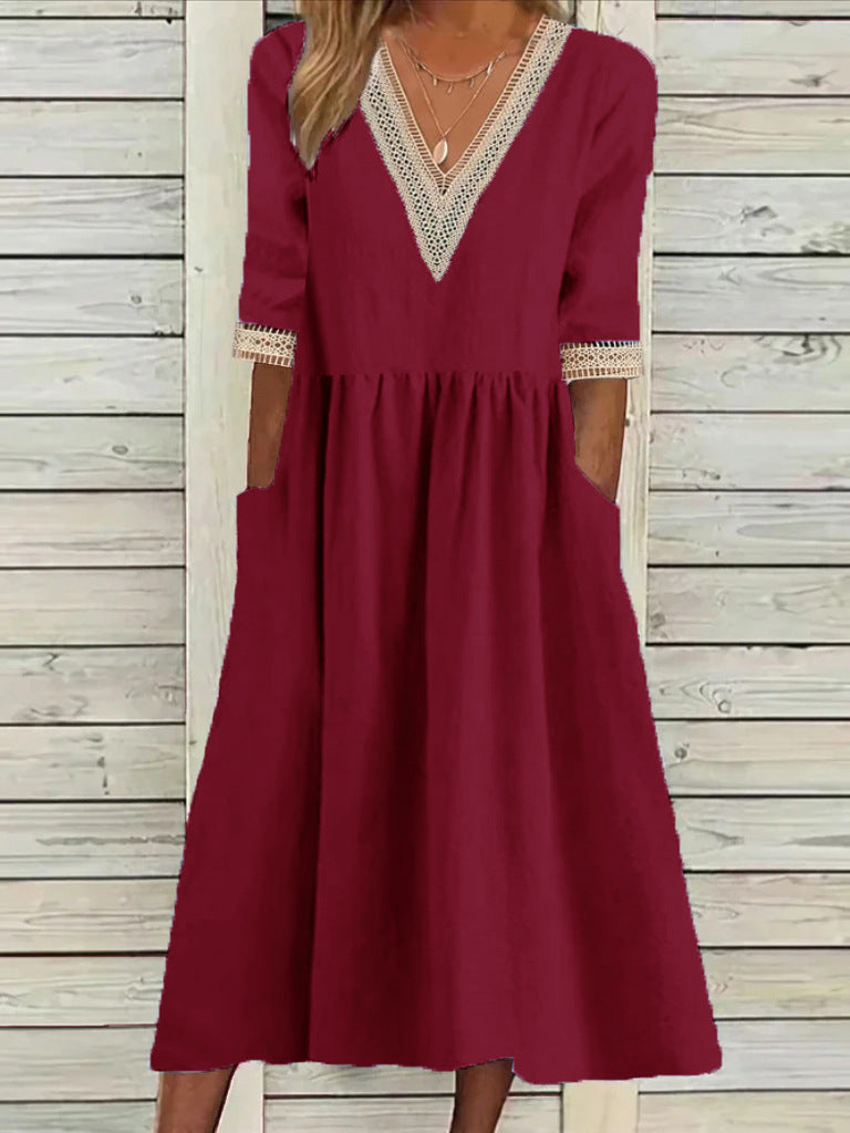 👗【50% отстъпка 🔥】👑 Рокля миди размер от памук и лен с дантелена яка ✅️Плащане при доставка
