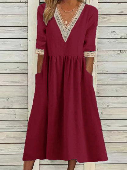 👑【-50% kedvezmény 🔥】【40-90kg】👗 Női bő, középhosszú pamut-len ruha csipkés gallérral, nagy méretekben