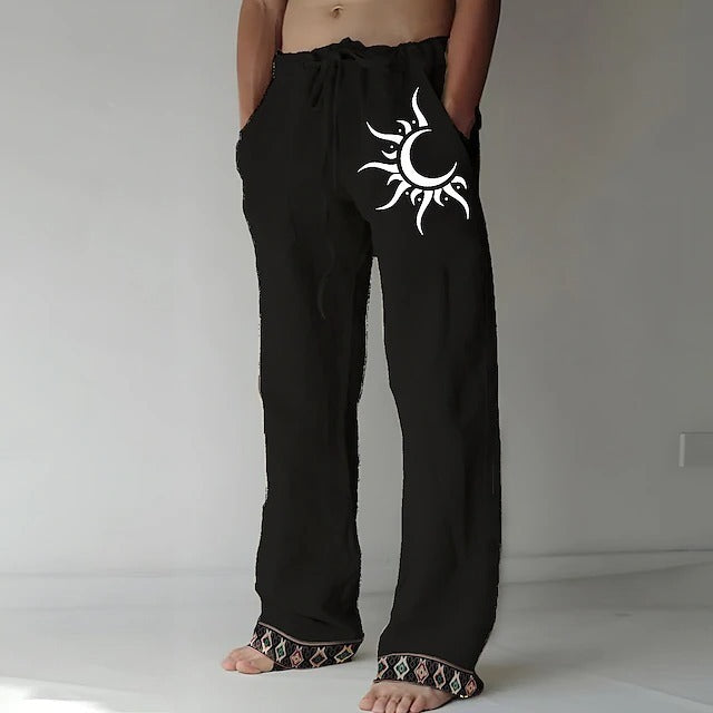 👖🌙【Reducere 50% 🔥】【S–6XL】Pantaloni bărbătești noi din bumbac și in, cu model de lună, cu crac drept și croială lejeră, mărimi mari