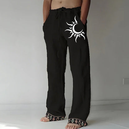 👖🌙【Reducere 50% 🔥】【S–6XL】Pantaloni bărbătești noi din bumbac și in, cu model de lună, cu crac drept și croială lejeră, mărimi mari