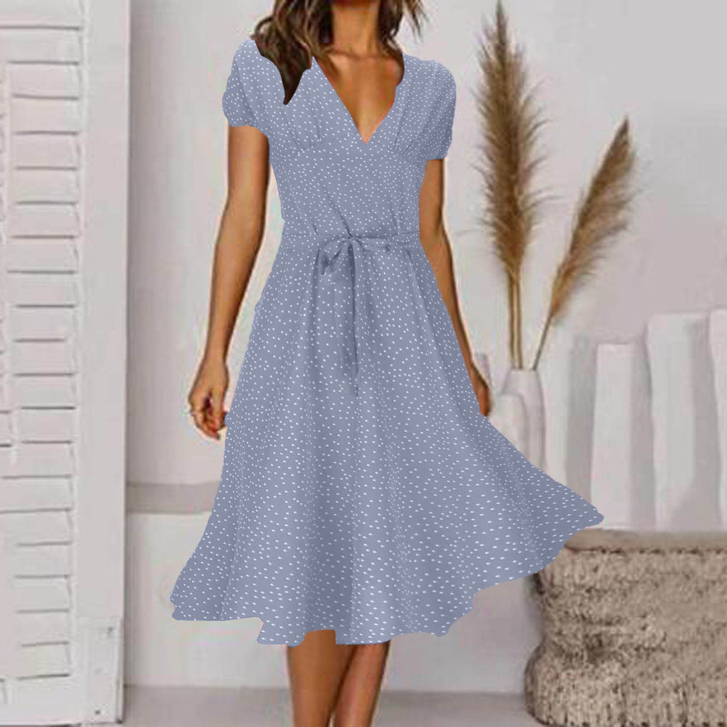 🌈💃【Sleva 50 % 🔥】👗😍 Nové dámské šaty 2025 ve větších velikostech s výstřihem do V a krátkými rukávy, květinové šaty s puntíky ve větších velikostech