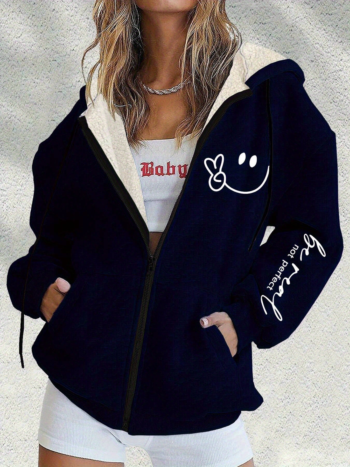 😀【S-5XL】Nová zimní dámská módní bunda s kapucí a potiskem usměvavé tváře