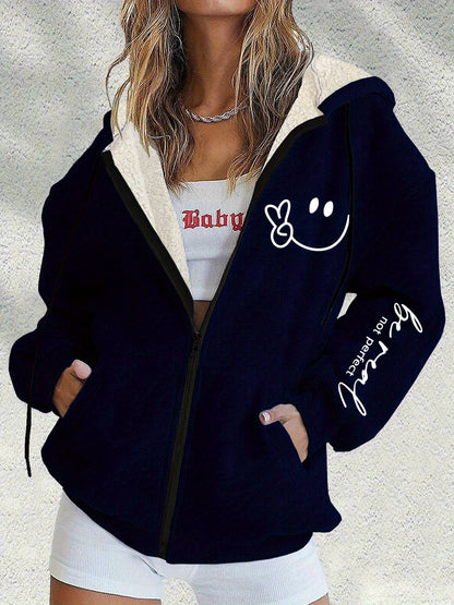 😀【S-5XL】Nová zimní dámská módní bunda s kapucí a potiskem usměvavé tváře
