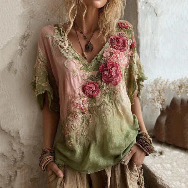 🌺【Omezená nabídka】Elegantní halenka s květinovým potiskem a hlubokým výstřihem do V 【S-4XL】--4079575