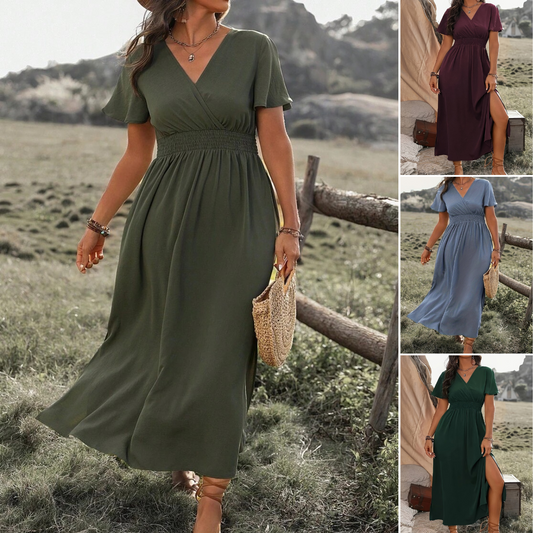 👩‍🌾💃【Sleva 50 % 🔥】【S–5XL】💖 Nové jednobarevné dlouhé šaty s výstřihem do V a rozparkem, ve větších velikostech, s volnými rukávy a elastickým pasem