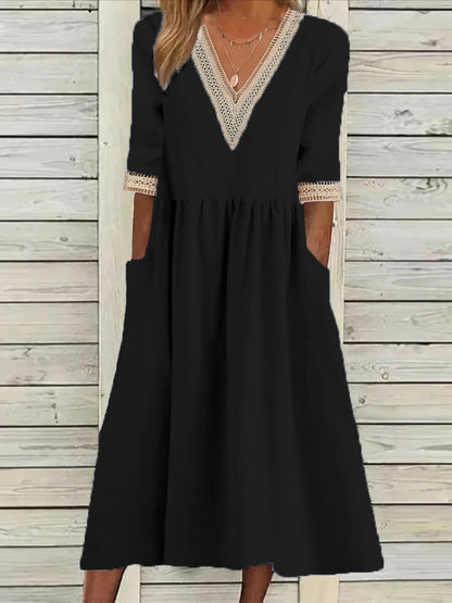 🌈👗【Sleva 50 % 🔥】【40–90 kg】👑 Ležérní dámské midi šaty z bavlny a lnu s krajkovým límečkem, ve větších velikostech