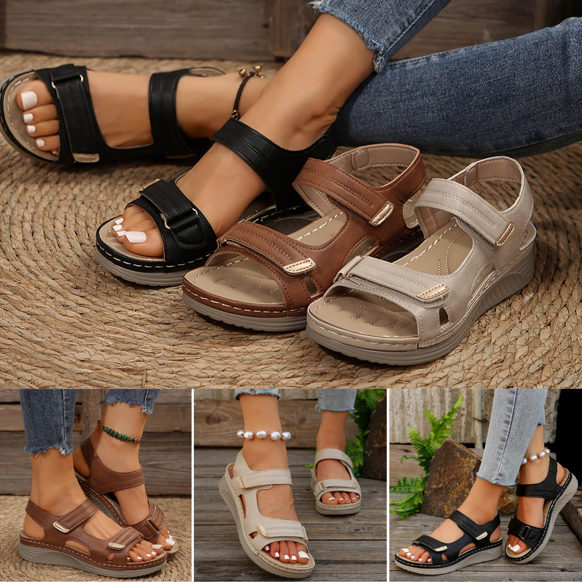 🌟👡【50% sleva 🔥】【36–43】Pohodlné a elegantní dámské klínové sandály s otevřenou špičkou – pásek na suchý zip