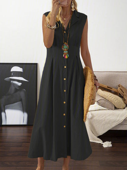 🎀💃【50% kedvezmény 💥】【S–3XL】Plus size női pamut-len ruha, blézergallérral és gombokkal, könnyű és légáteresztő