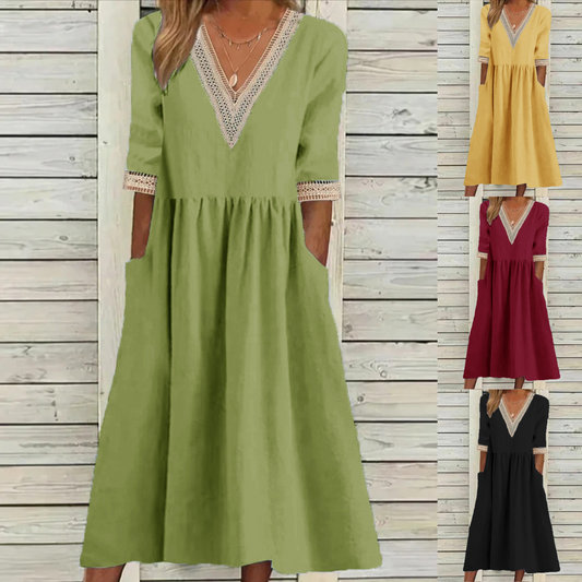 🌈👗【Sleva 50 % 🔥】【40–90 kg】👑 Ležérní dámské midi šaty z bavlny a lnu s krajkovým límečkem, ve větších velikostech