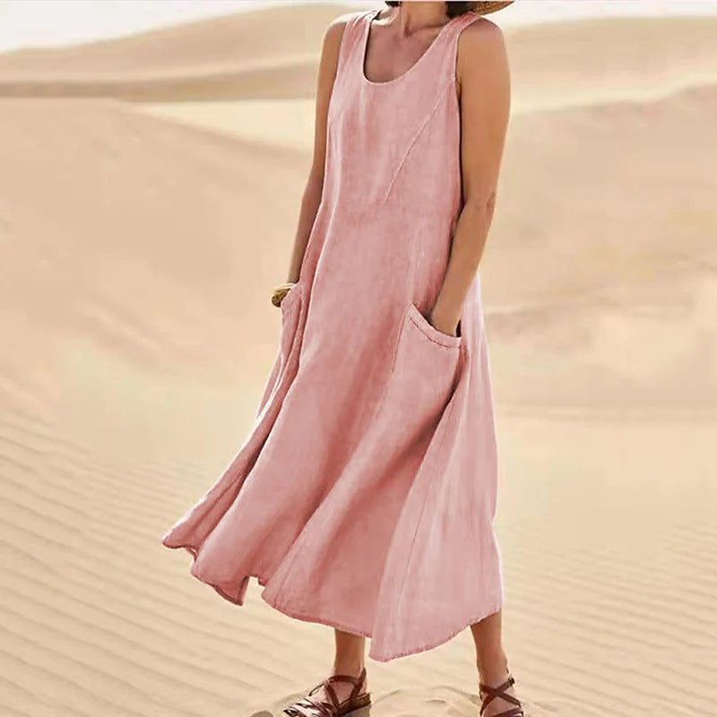 🌈👗【50% sleva 🔥】【12 barev, S-5XL】💖 Nové letní elegantní šaty bez rukávů z bavlny a tencelu s kulatým výstřihem
