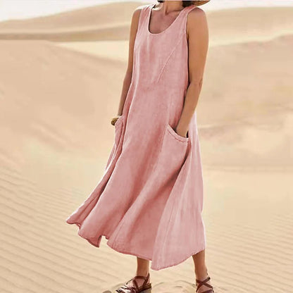 🌈👗【50% sleva 🔥】【12 barev, S-5XL】💖 Nové letní elegantní šaty bez rukávů z bavlny a tencelu s kulatým výstřihem