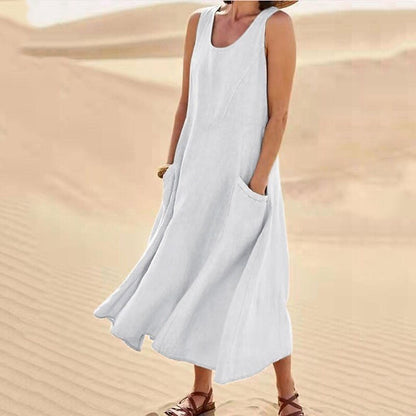 🌈👗【50% sleva 🔥】【12 barev, S-5XL】💖 Nové letní elegantní šaty bez rukávů z bavlny a tencelu s kulatým výstřihem