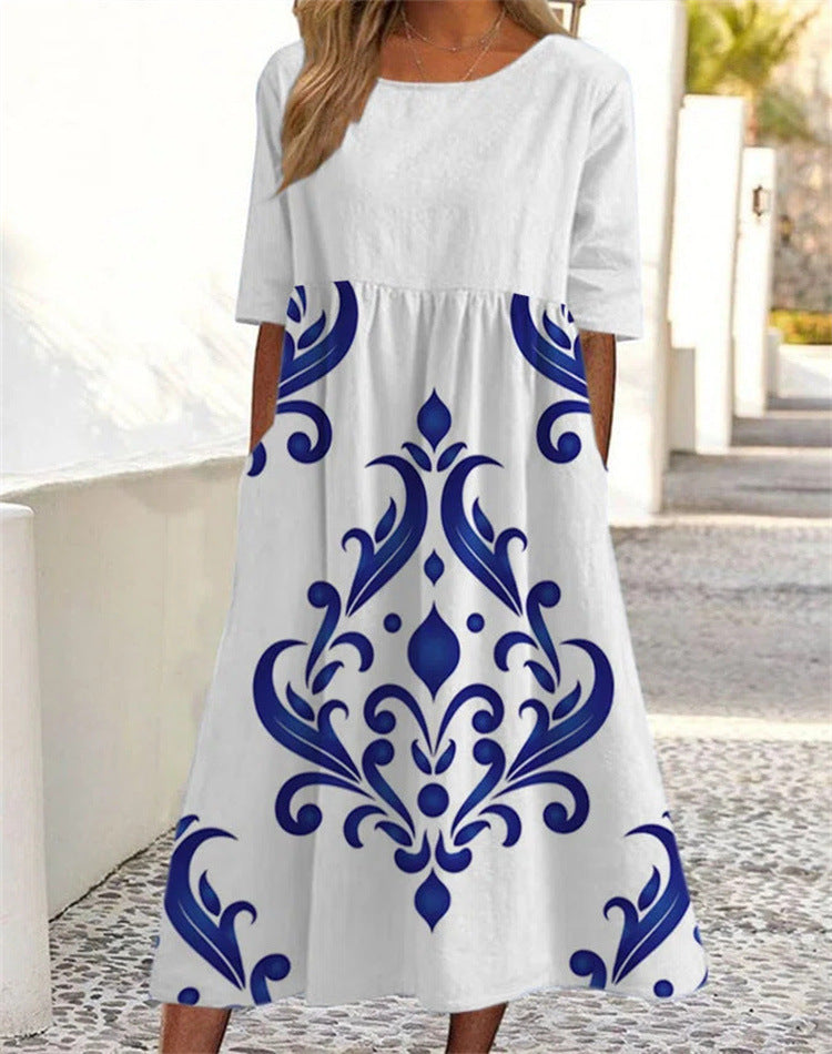 👘🌺【Sleva 50 % 🔥】【M–3XL】Nové letní dámské šaty s kulatým výstřihem a potištěným vzorem, ve větších velikostech, lehké a prodyšné