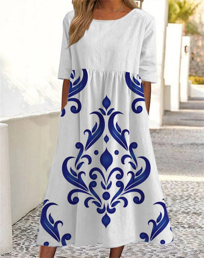 👘🌺【Sleva 50 % 🔥】【M–3XL】Nové letní dámské šaty s kulatým výstřihem a potištěným vzorem, ve větších velikostech, lehké a prodyšné