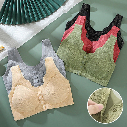 😍😍【50% zniżki】🎁💖【Zestaw 5 sztuk】Biustonosz damski bez stalowych fiszbin, zapięcie z przodu, bezszwowy jedwab lodowy