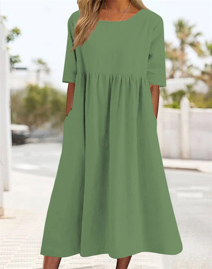 👘🌺【Sleva 50 % 🔥】【M–3XL】Nové letní dámské šaty s kulatým výstřihem a potištěným vzorem, ve větších velikostech, lehké a prodyšné