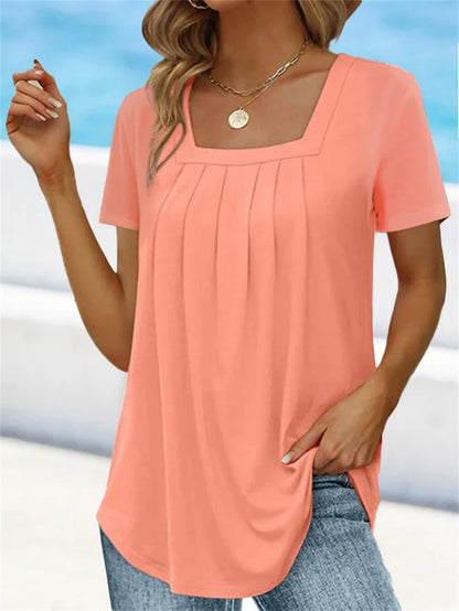 🌈👚【Kup 1, získej 1 zdarma 🔥】【S–5XL】Jednobarevné volné dámské tričko s hranatým výstřihem, ve větších velikostech, s krátkým rukávem, 8 barev