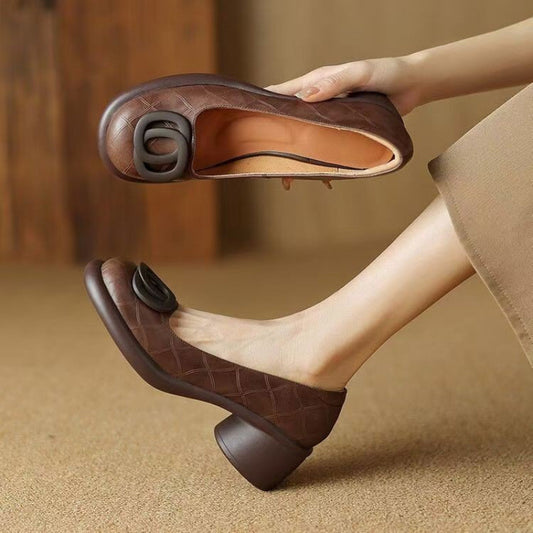 👠【35-40】2025 nové 5CM univerzální módní měkká podrážka retro tlustá kožená obuv s kulatou špičkou