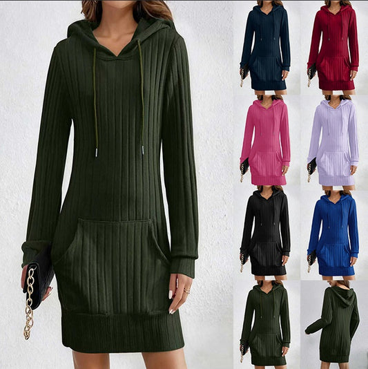 【🔥S-2XL】💃💃Podzim/zima 2025 Nové dámské pletené šaty s kapucí, dlouhým rukávem a kapsou