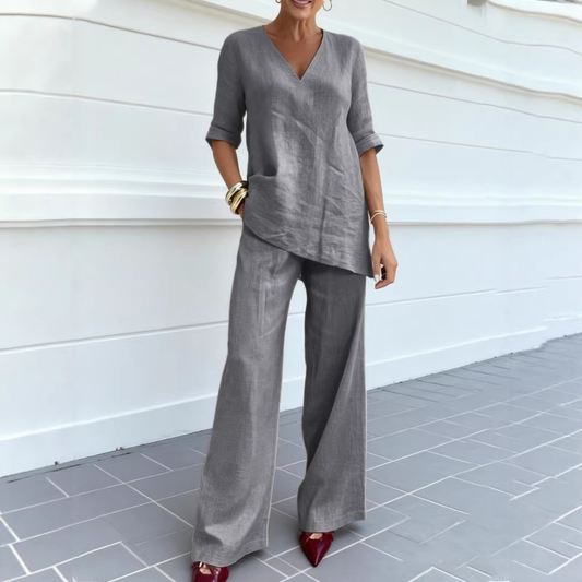 ❤️50% отстъпка 💥【40-100кг】2026 Памучно-ленен едноцветен топ с полуръкав, V-образно деколте + прав ежедневен панталон ✅️Плащане при доставка