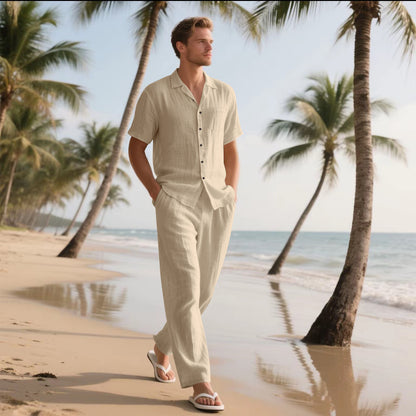 😍 50% de descuento🔥【Top + Pantalones】(40-120 kg) Conjunto de dos piezas para hombre, algodón y lino de color liso ✅️Pago contra entrega ✅️2 artículos con un 70% de descuento