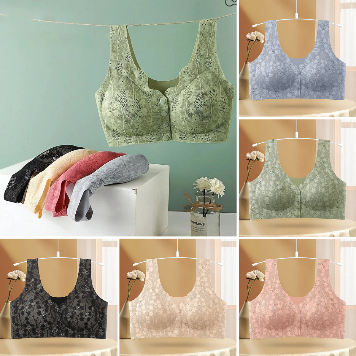 😍😍【50% zniżki】🎁💖【Zestaw 5 sztuk】Biustonosz damski bez stalowych fiszbin, zapięcie z przodu, bezszwowy jedwab lodowy