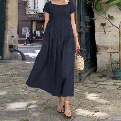 🧚‍♀️💖【50% zniżki🔥】【S-5XL】😍Duży rozmiar spódnicy damskiej z krótkimi rękawami i kwadratowym dekoltem z bawełny i lnu, elegancka letnia sukienka na co dzień, długa sukienka 