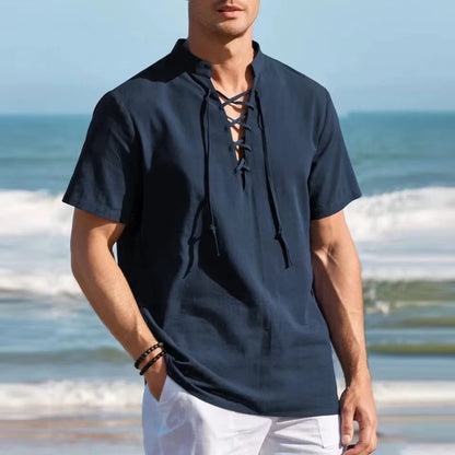 🏄‍♂️👔【Sleva 50 % 🔥】【S–3XL】Pánské Henley tričko z bavlny a lnu, ve větších velikostech, s výstřihem do V a dekorativní šňůrkou