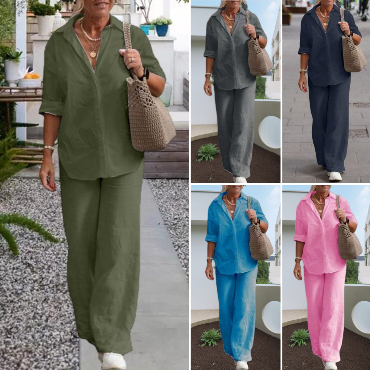 🔥🎉【Top + Kalhoty】【S-5XL】Nový moderní ležérní jednobarevný dámský košilový set