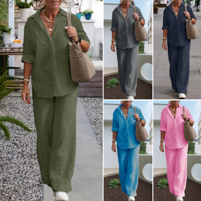 🔥🎉【Top + Kalhoty】【S-5XL】Nový moderní ležérní jednobarevný dámský košilový set