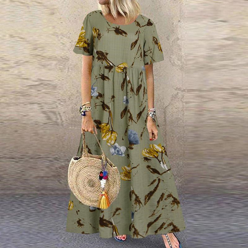 🌻【Sleva 50 % ✨】【S–5XL】👗 Dámské retro šaty s květinovým vzorem, krátkými rukávy a kulatým výstřihem, ve velkých velikostech