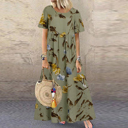 🌻【Sleva 50 % ✨】【S–5XL】👗 Dámské retro šaty s květinovým vzorem, krátkými rukávy a kulatým výstřihem, ve velkých velikostech