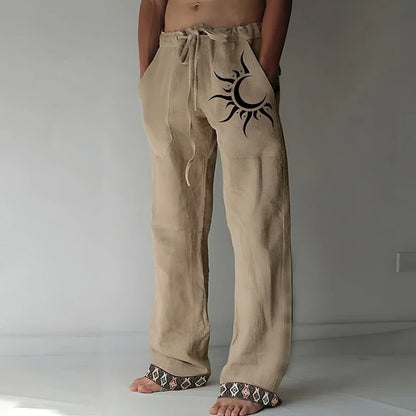 👖🌙【Reducere 50% 🔥】【S–6XL】Pantaloni bărbătești noi din bumbac și in, cu model de lună, cu crac drept și croială lejeră, mărimi mari