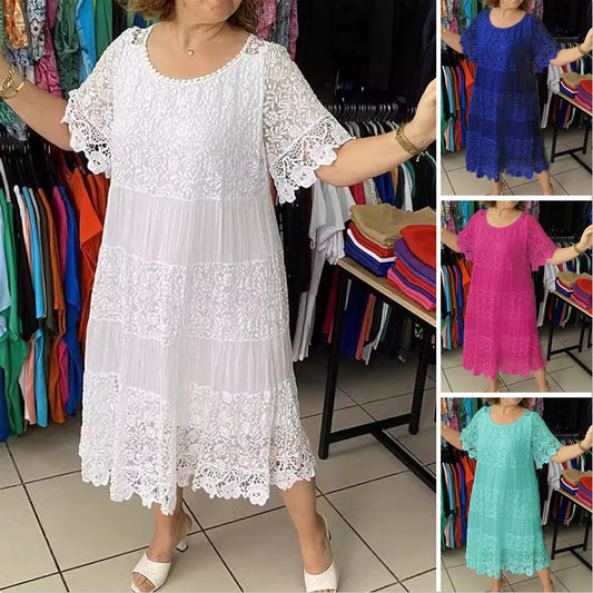 🌴🌈【50% sleva 🔥】【S-5XL】😍💋Letní dámské krátké šaty velikosti plus, ležérní splývavé šaty s potiskem a kulatým výstřihem.