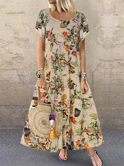 🌻【Sleva 50 % ✨】【S–5XL】👗 Dámské retro šaty s květinovým vzorem, krátkými rukávy a kulatým výstřihem, ve velkých velikostech