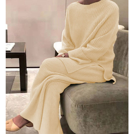 😍【S-3XL】Podzimní a zimní jednobarevný dvoudílný ležérní pletený svetr s dlouhým rukávem[Top + Kalhoty]