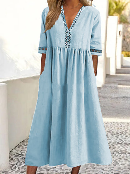 👗【– 50% kedvezmény 🔥】😍 Rövid ujjú, csipkés V-nyakú tavaszi–nyári ruha