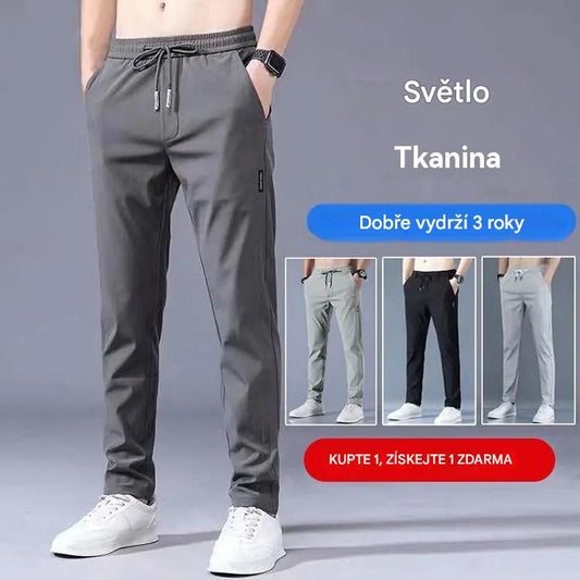 ❄️👖【Kupte 1 a získejte 1 zdarma ✨】【M–5XL】Letní tenké pánské rovné kalhoty z ledového hedvábí ✅ Vysoká elasticita ✅ Prodyšné a rychleschnoucí