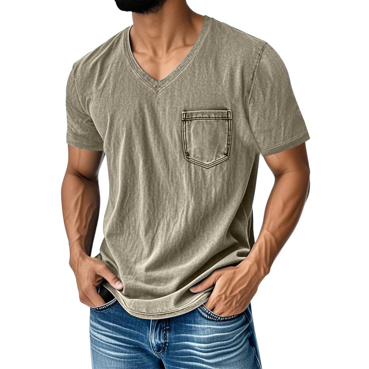 👔 50% zniżki🔥【40-120 kg】Luźny, casualowy T-shirt z jeansu z dekoltem w serek i krótkim rękawem dla mężczyzn ✅️Płatność przy odbiorze ✅️2 artykuły z 70% zniżką