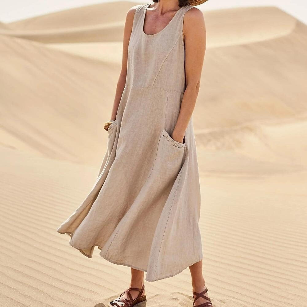 🌈👗【50% sleva 🔥】【12 barev, S-5XL】💖 Nové letní elegantní šaty bez rukávů z bavlny a tencelu s kulatým výstřihem