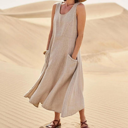 🌈👗【50% sleva 🔥】【12 barev, S-5XL】💖 Nové letní elegantní šaty bez rukávů z bavlny a tencelu s kulatým výstřihem