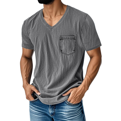 👔 50% zniżki🔥【40-120 kg】Luźny, casualowy T-shirt z jeansu z dekoltem w serek i krótkim rękawem dla mężczyzn ✅️Płatność przy odbiorze ✅️2 artykuły z 70% zniżką