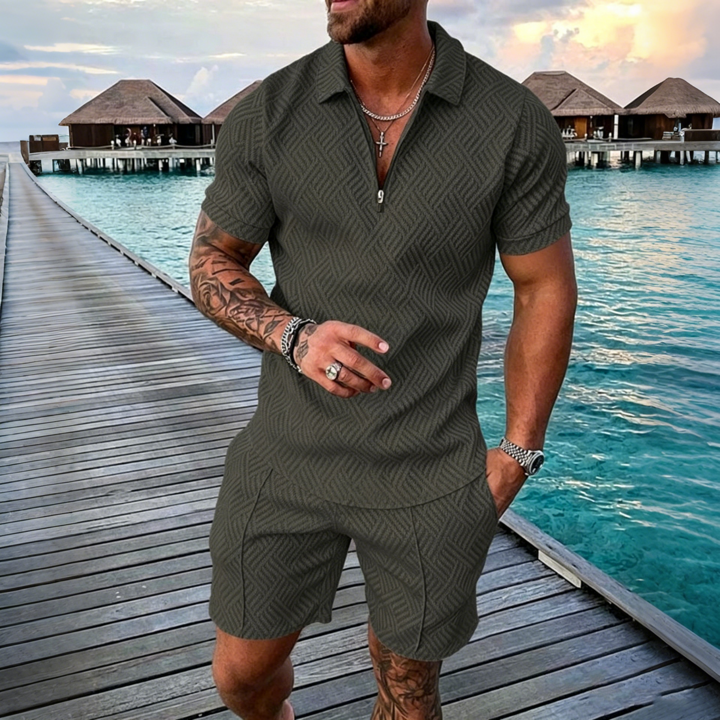 😎 50% de descuento🔥【Camiseta + Pantalones】 (40-130 kg) Conjunto de polo con cremallera y estampado 3D para hombre ✅️Pago contra entrega ✅️2 artículos con un 70% de descuento